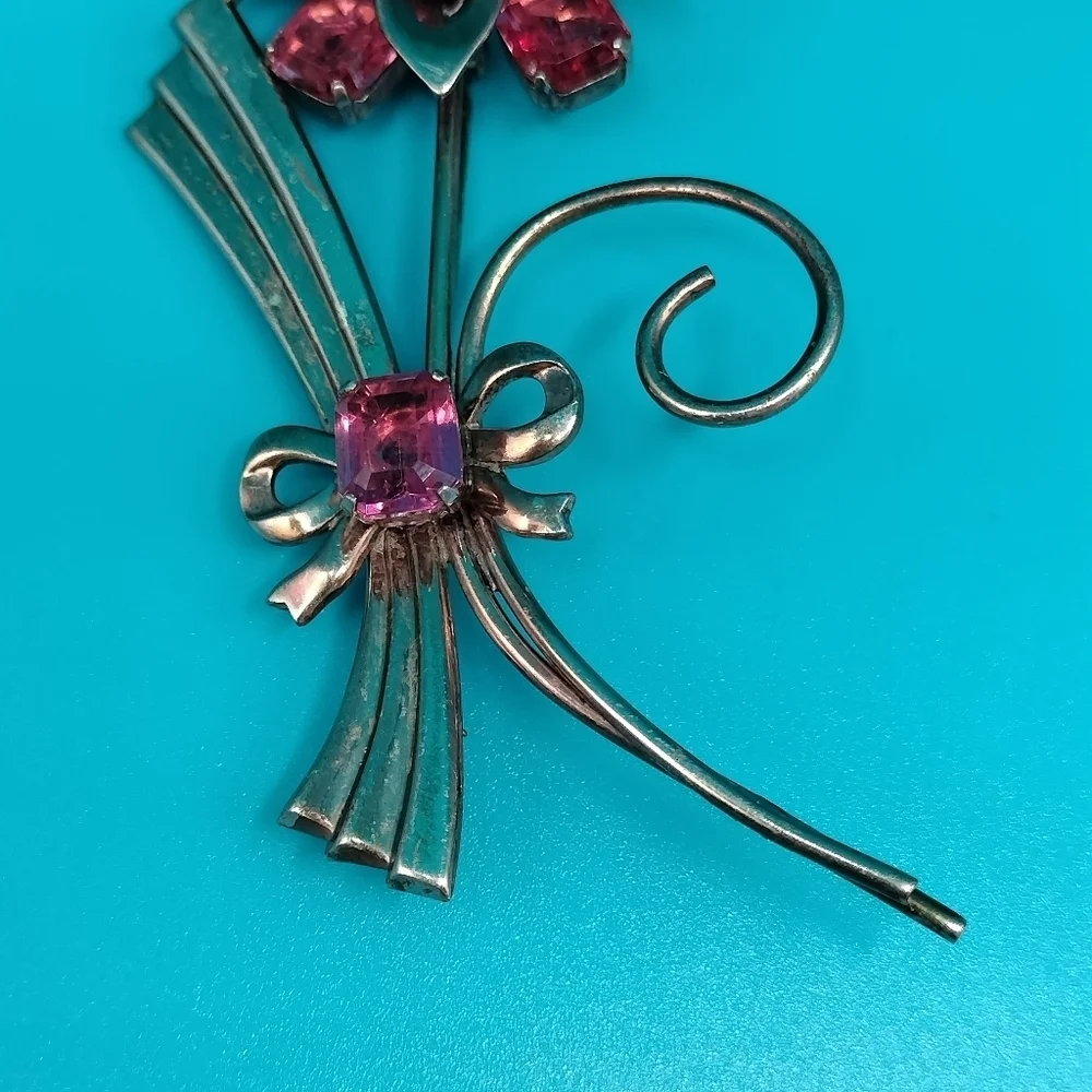 Vintage Oversized Sterling Silver & Pink Crystal Rhinestone Brooch 3